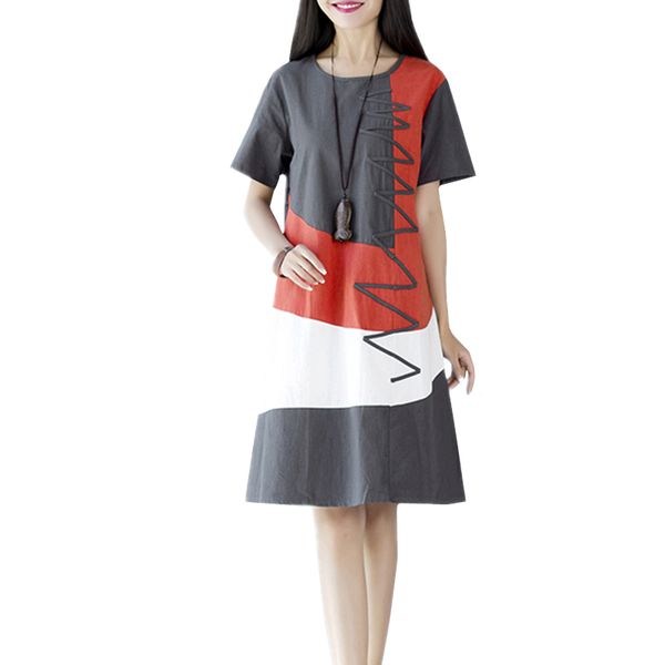 casual dresses summer women short sleeve o neck patchwork a-line midi cotton linen loose plus size ladies 67gr, Black;gray